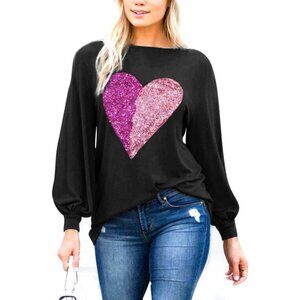 Women's Black Pink Heart Long Puff Sleeve Boat Neck T Shirts Tunic Top